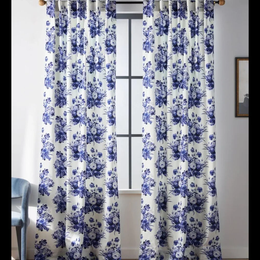 Anthropologie Abi Blue & White Cotton Panel Curtain 50